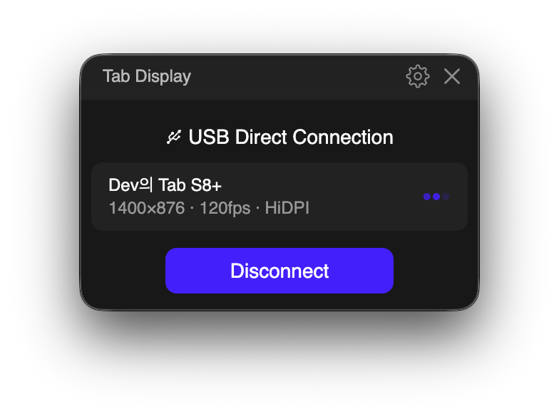 The Mac app shows the connected device and configured resolution and FPS. FPS is not a live measurement.