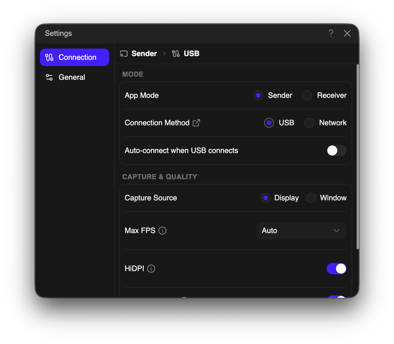 USB Direct Connection settings on Mac